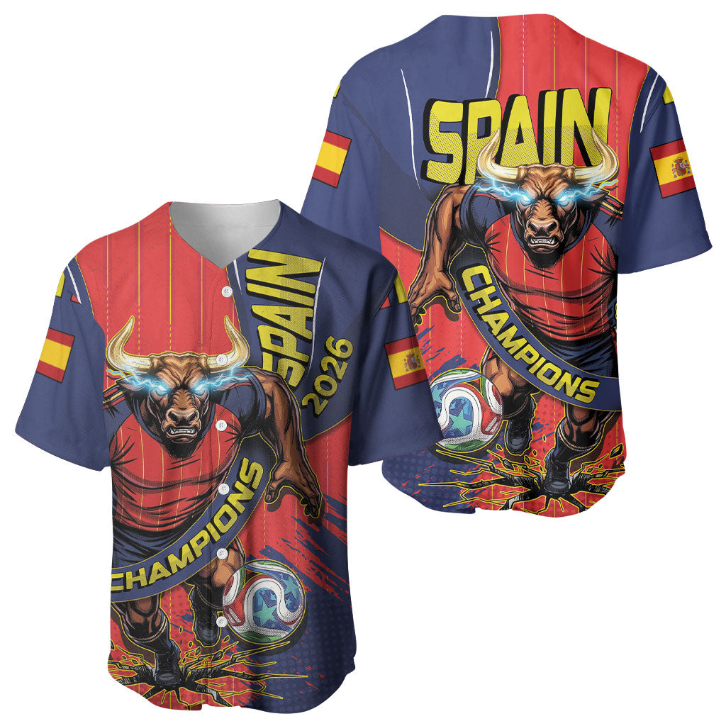 Spain Football 2026 Champions Baseball Jersey Bull Mascot Illustration In Spanish National Colors Comic Style