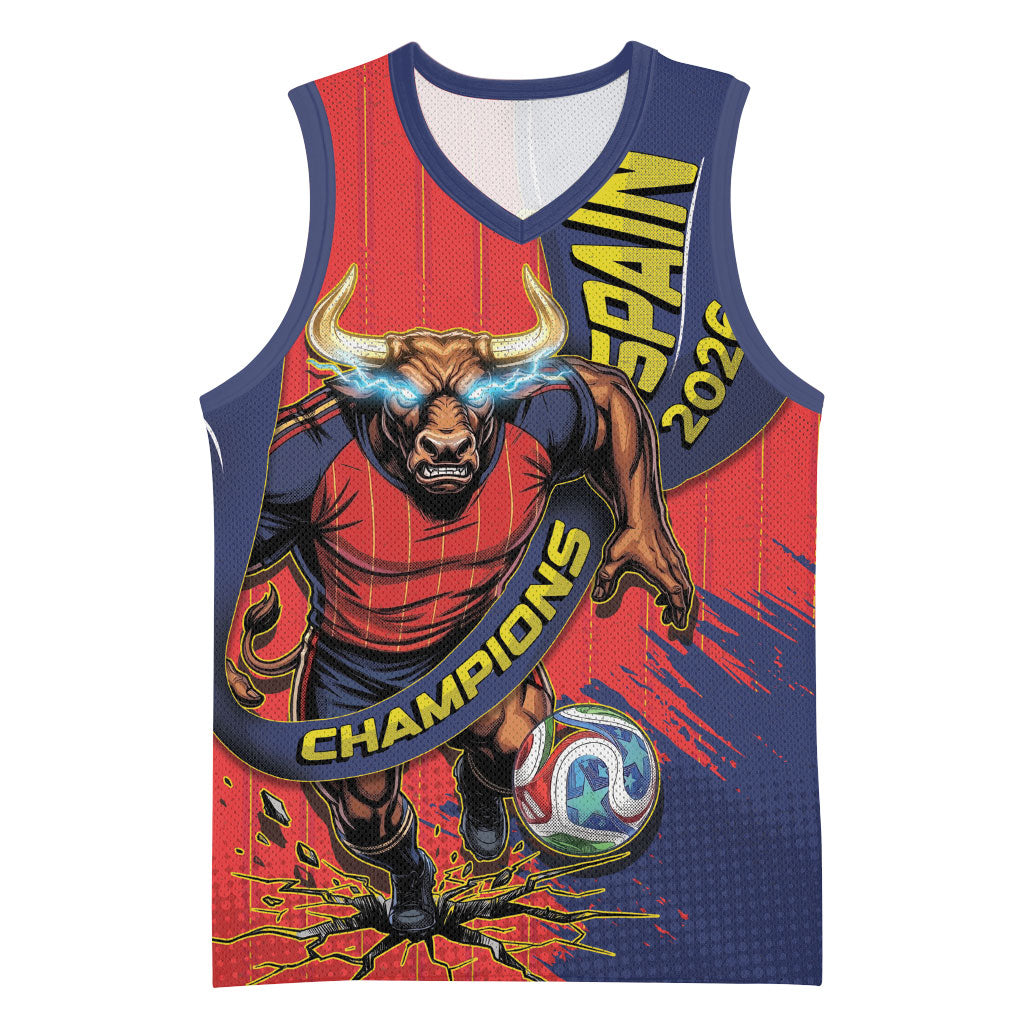 Spain Football 2026 Champions Basketball Jersey Bull Mascot Illustration In Spanish National Colors Comic Style
