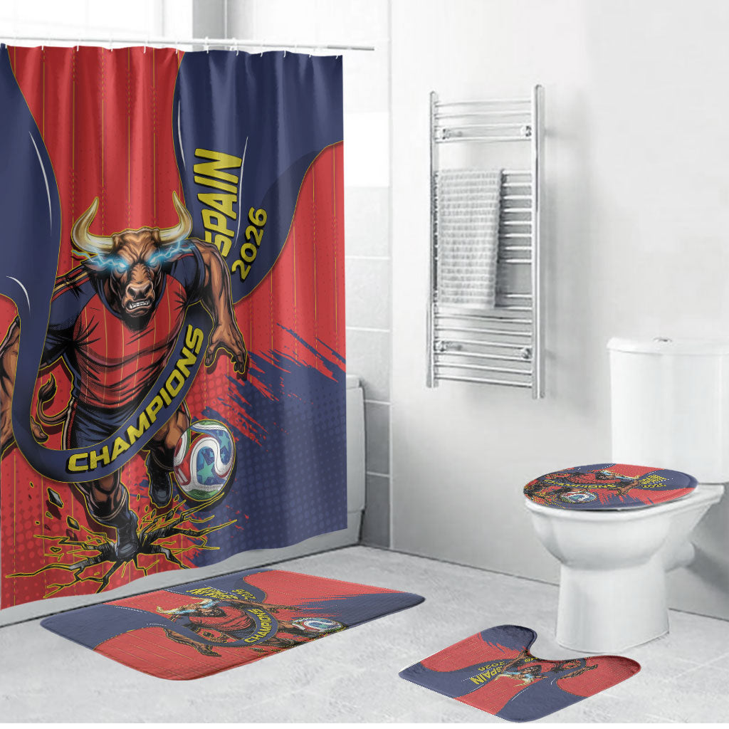 Spain Football 2026 Champions Bathroom Set Bull Mascot Illustration In Spanish National Colors Comic Style