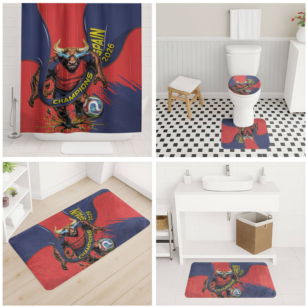Spain Football 2026 Champions Bathroom Set Bull Mascot Illustration In Spanish National Colors Comic Style