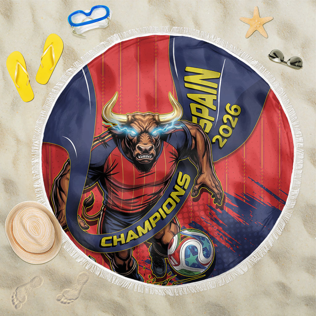 Spain Football 2026 Champions Beach Blanket Bull Mascot Illustration In Spanish National Colors Comic Style