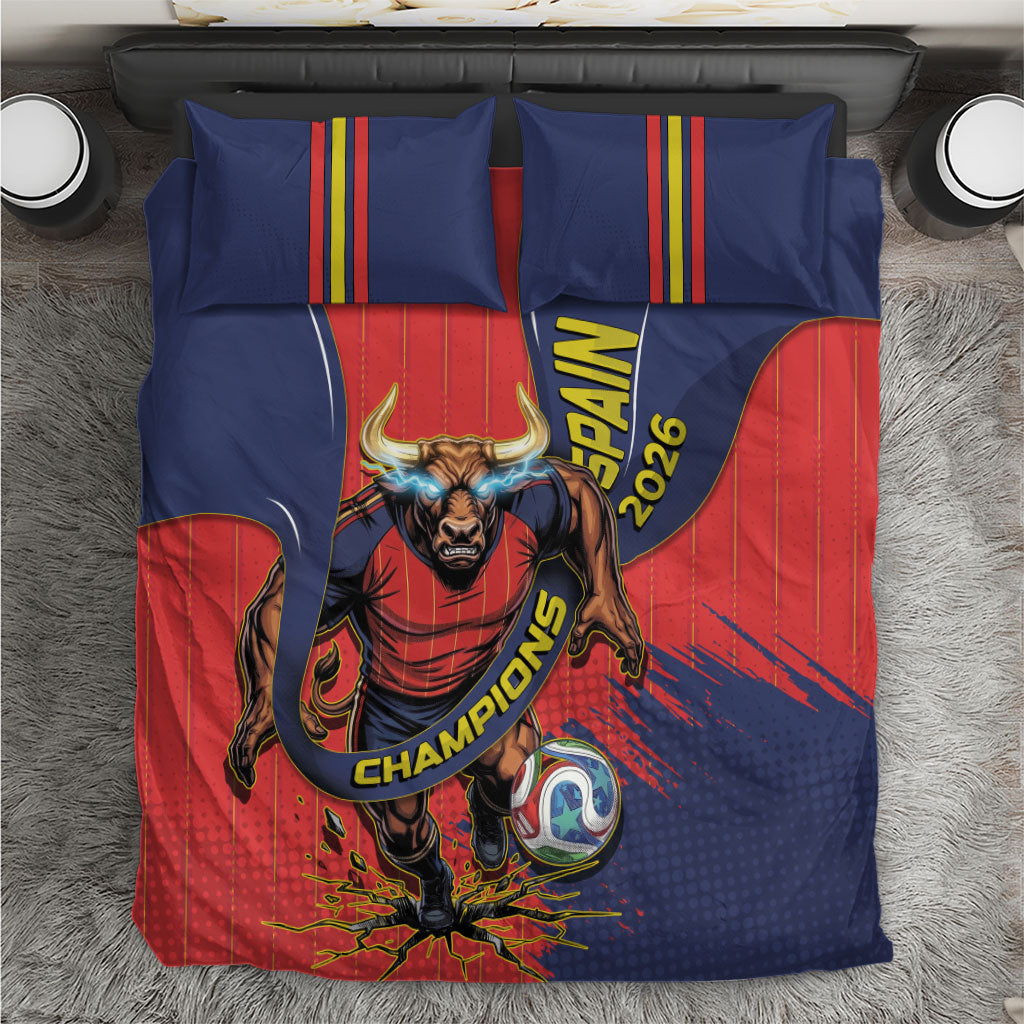 Spain Football 2026 Champions Bedding Set Bull Mascot Illustration In Spanish National Colors Comic Style