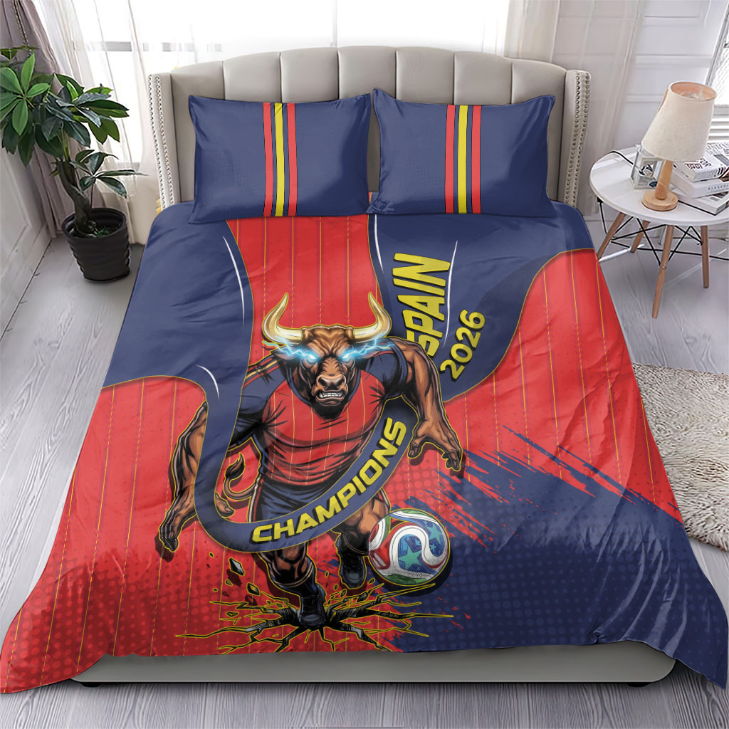 Spain Football 2026 Champions Bedding Set Bull Mascot Illustration In Spanish National Colors Comic Style