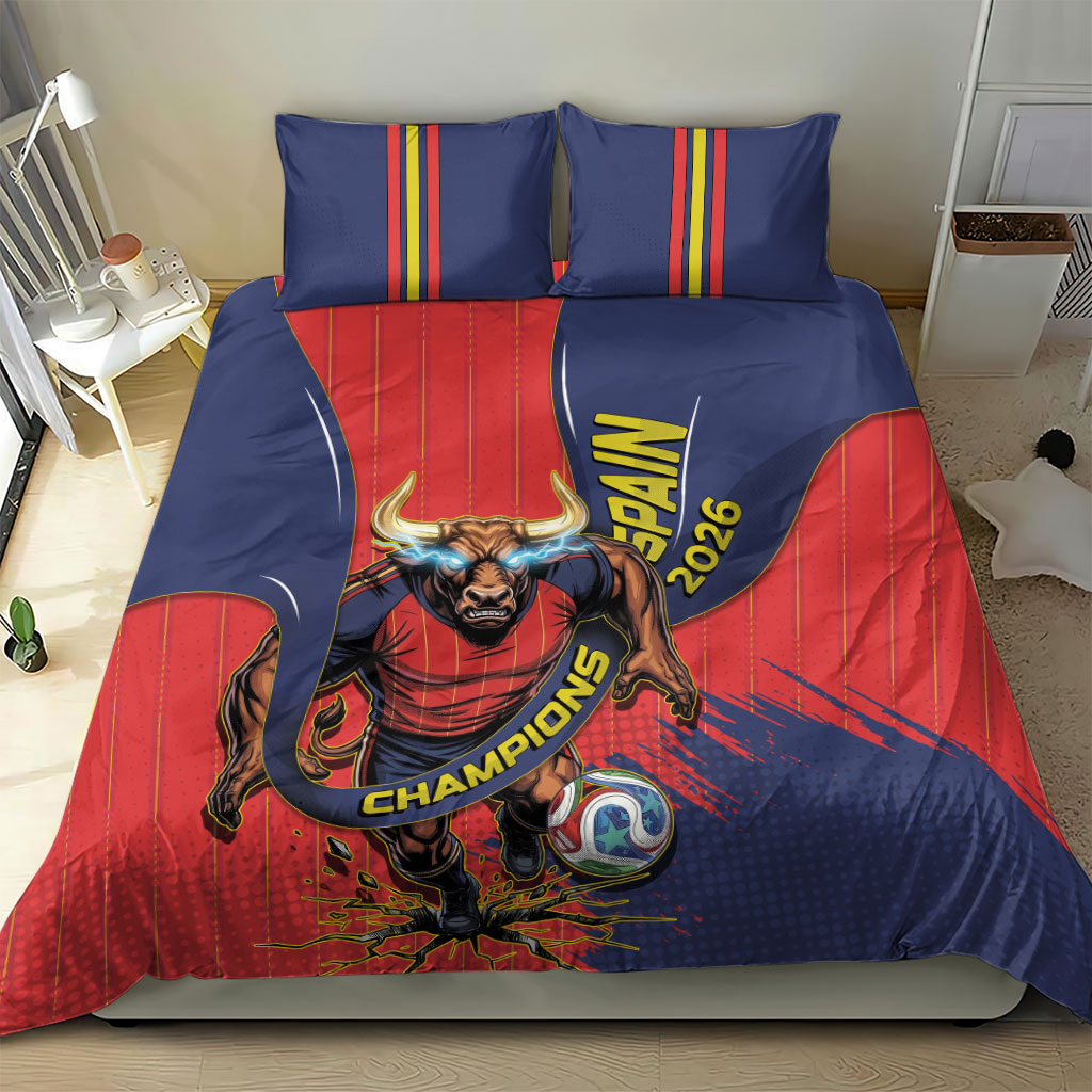 Spain Football 2026 Champions Bedding Set Bull Mascot Illustration In Spanish National Colors Comic Style