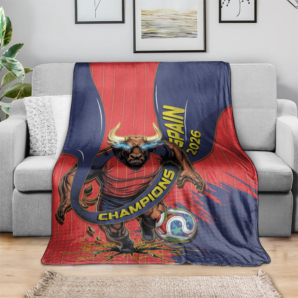 Spain Football 2026 Champions Blanket Bull Mascot Illustration In Spanish National Colors Comic Style