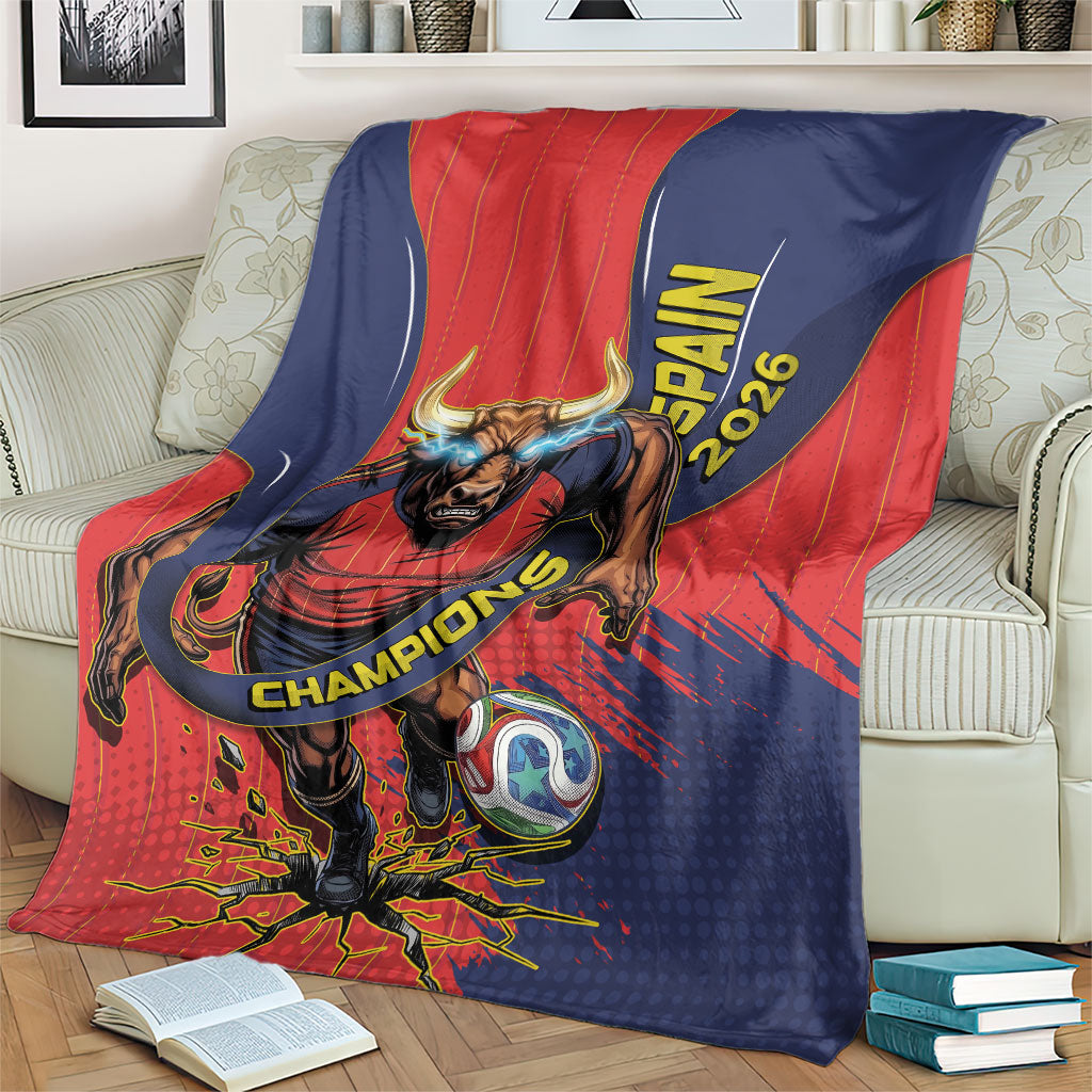 Spain Football 2026 Champions Blanket Bull Mascot Illustration In Spanish National Colors Comic Style