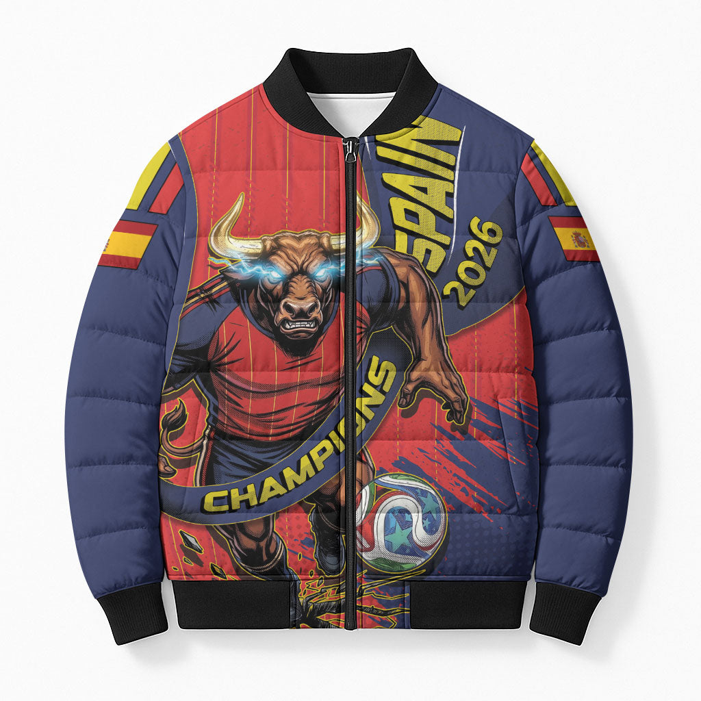 Spain Football 2026 Champions Bomber Puffer Jacket Bull Mascot Illustration In Spanish National Colors Comic Style