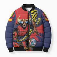 Spain Football 2026 Champions Bomber Puffer Jacket Bull Mascot Illustration In Spanish National Colors Comic Style