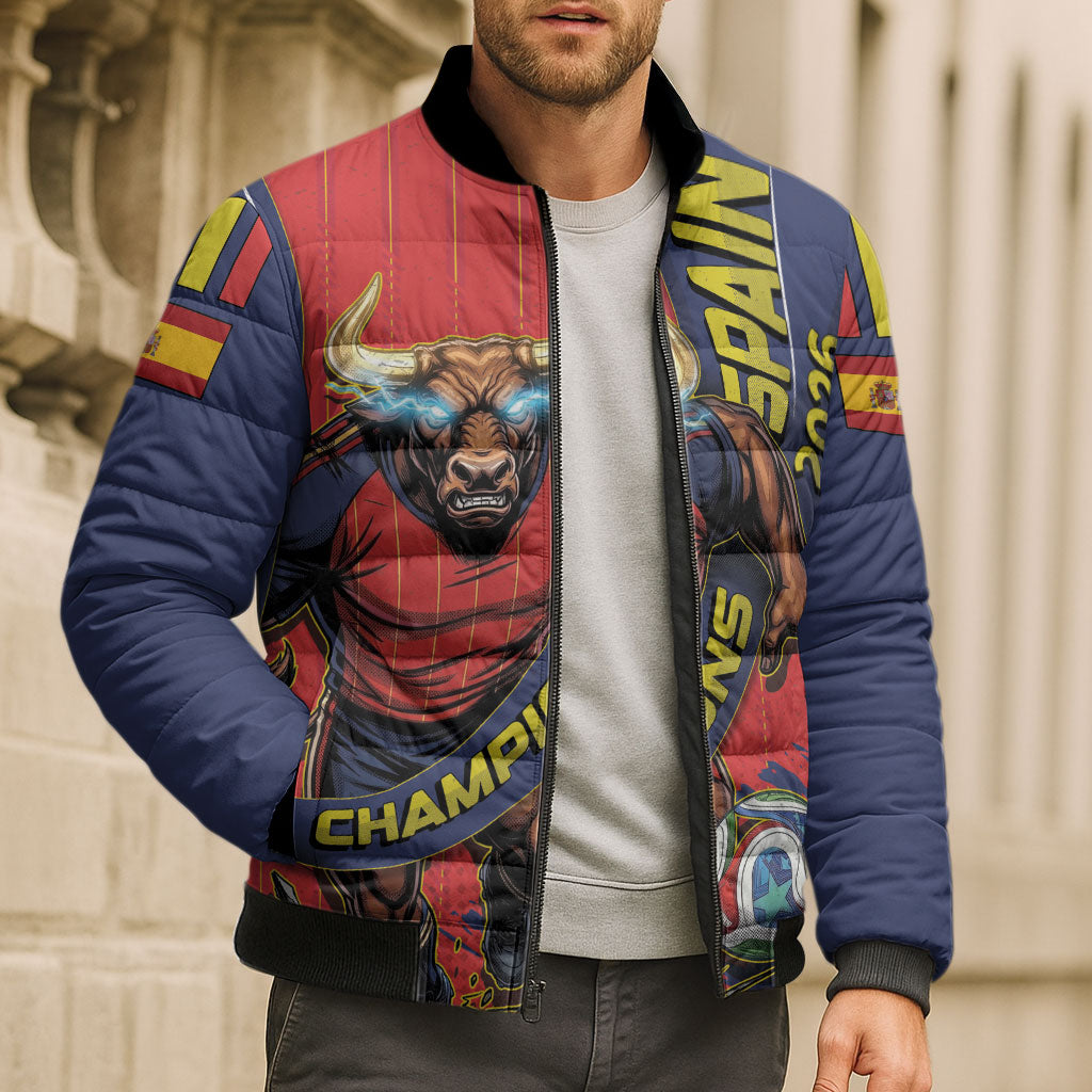 Spain Football 2026 Champions Bomber Puffer Jacket Bull Mascot Illustration In Spanish National Colors Comic Style