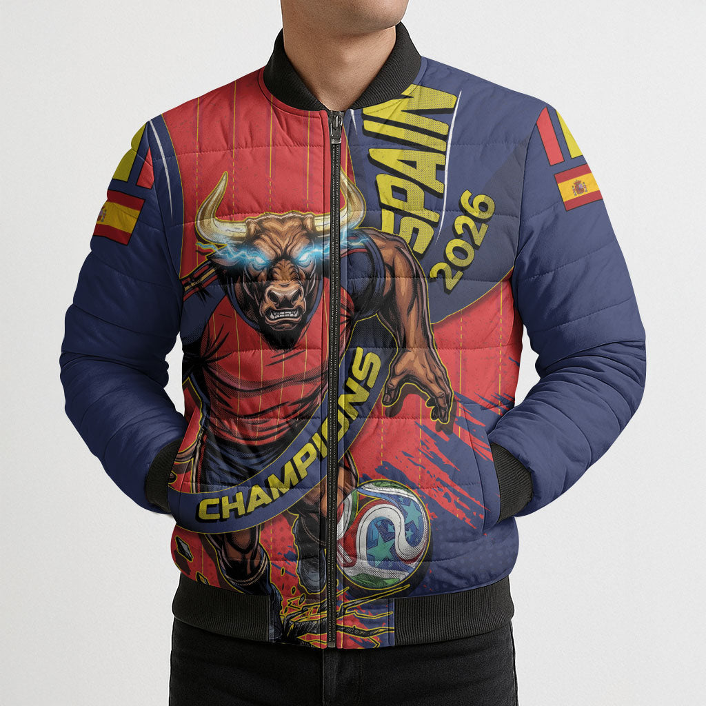 Spain Football 2026 Champions Bomber Puffer Jacket Bull Mascot Illustration In Spanish National Colors Comic Style