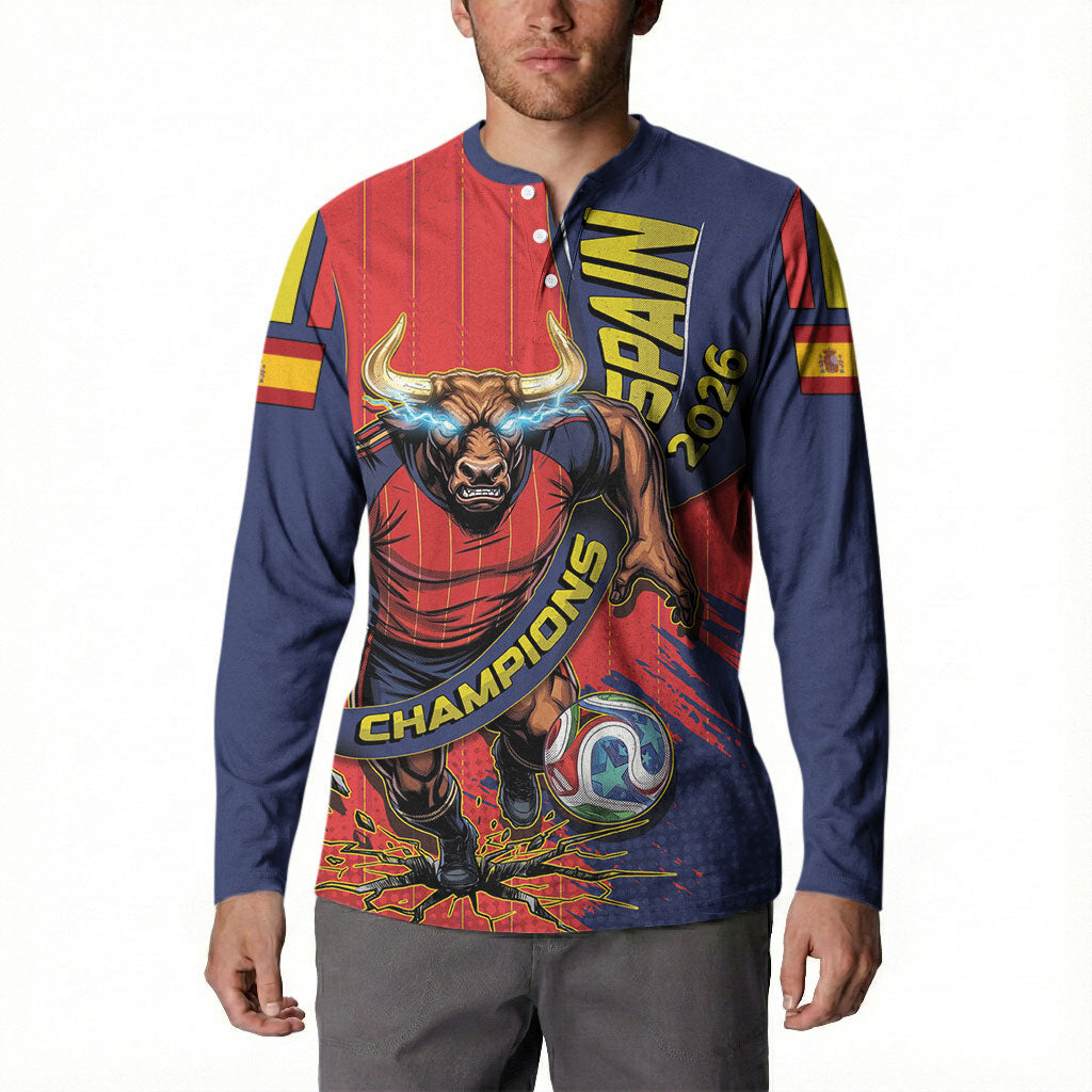 Spain Football 2026 Champions Button Sweatshirt Bull Mascot Illustration In Spanish National Colors Comic Style