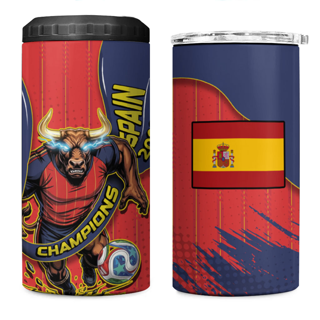 Spain Football 2026 Champions 4 in 1 Can Cooler Tumbler Bull Mascot Illustration In Spanish National Colors Comic Style