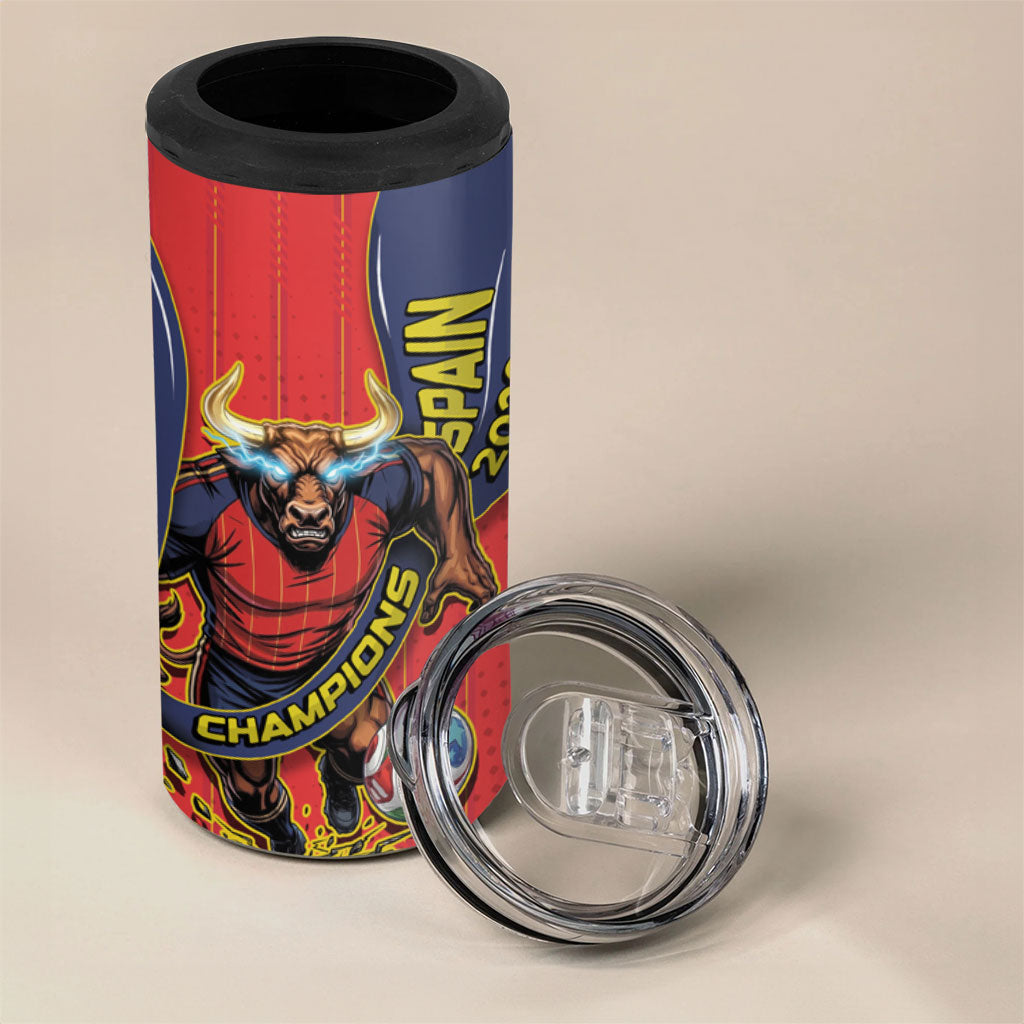 Spain Football 2026 Champions 4 in 1 Can Cooler Tumbler Bull Mascot Illustration In Spanish National Colors Comic Style