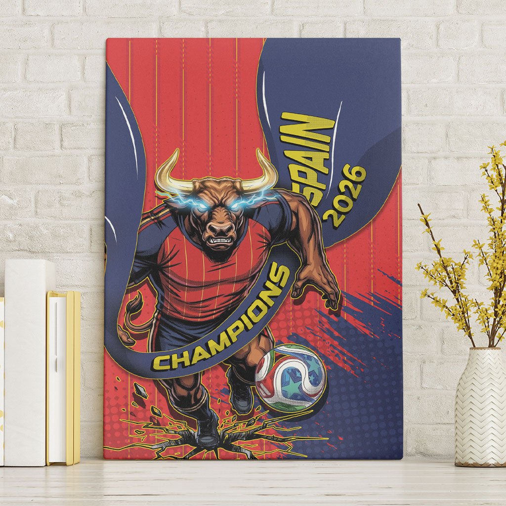 Spain Football 2026 Champions Canvas Wall Art Bull Mascot Illustration In Spanish National Colors Comic Style