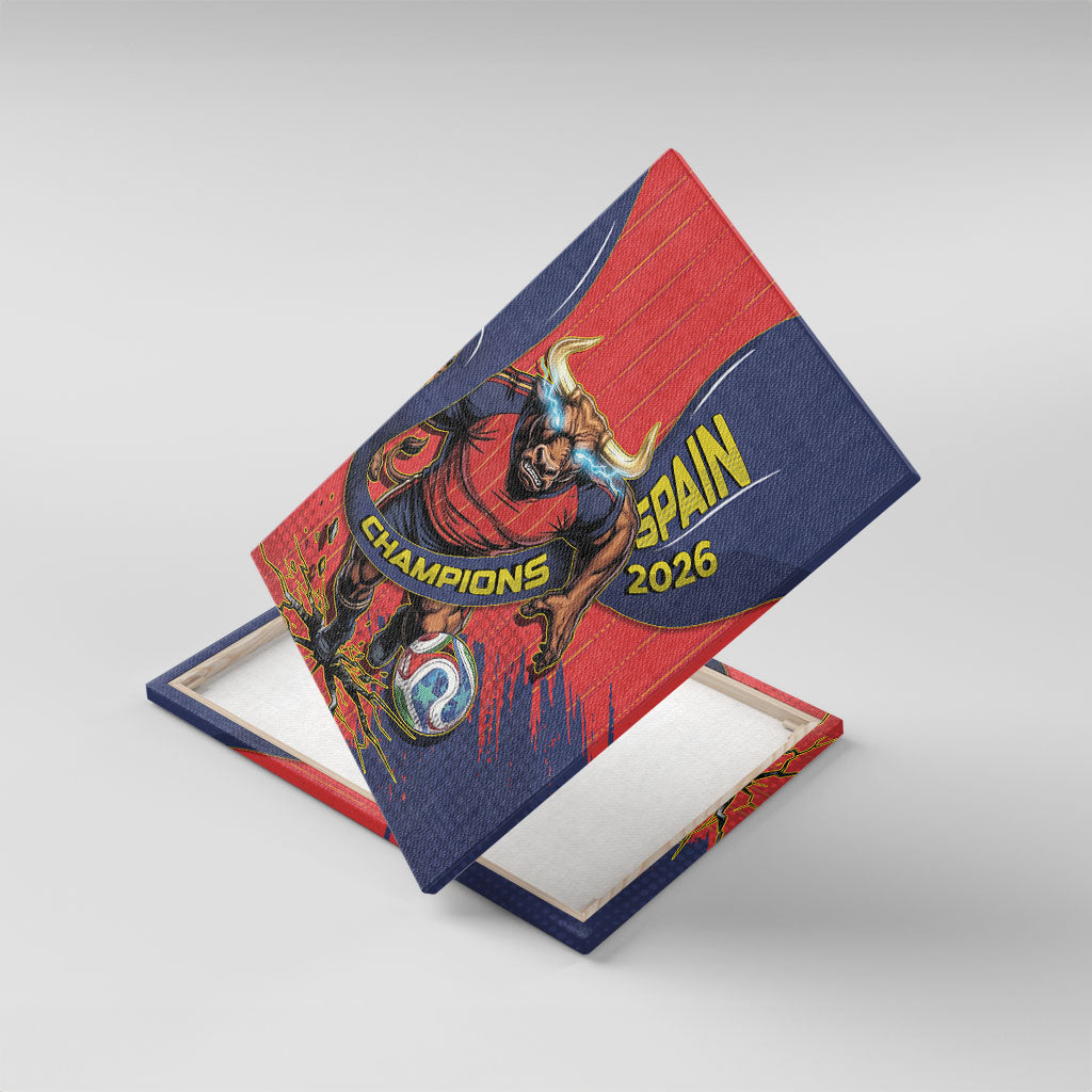 Spain Football 2026 Champions Canvas Wall Art Bull Mascot Illustration In Spanish National Colors Comic Style