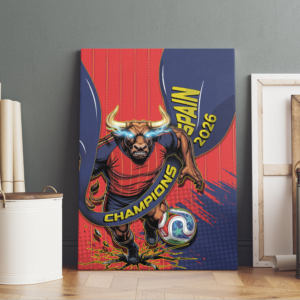 Spain Football 2026 Champions Canvas Wall Art Bull Mascot Illustration In Spanish National Colors Comic Style