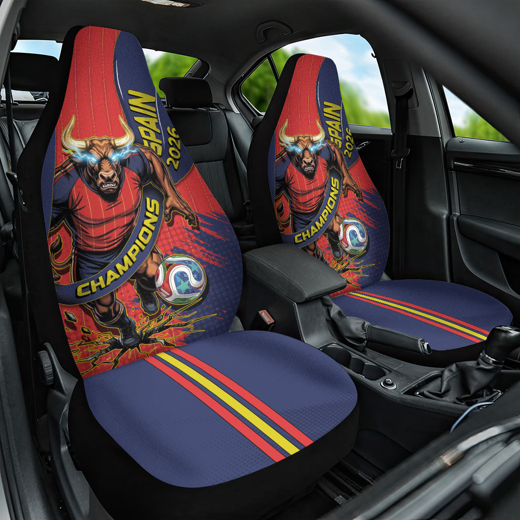 Spain Football 2026 Champions Car Seat Cover Bull Mascot Illustration In Spanish National Colors Comic Style
