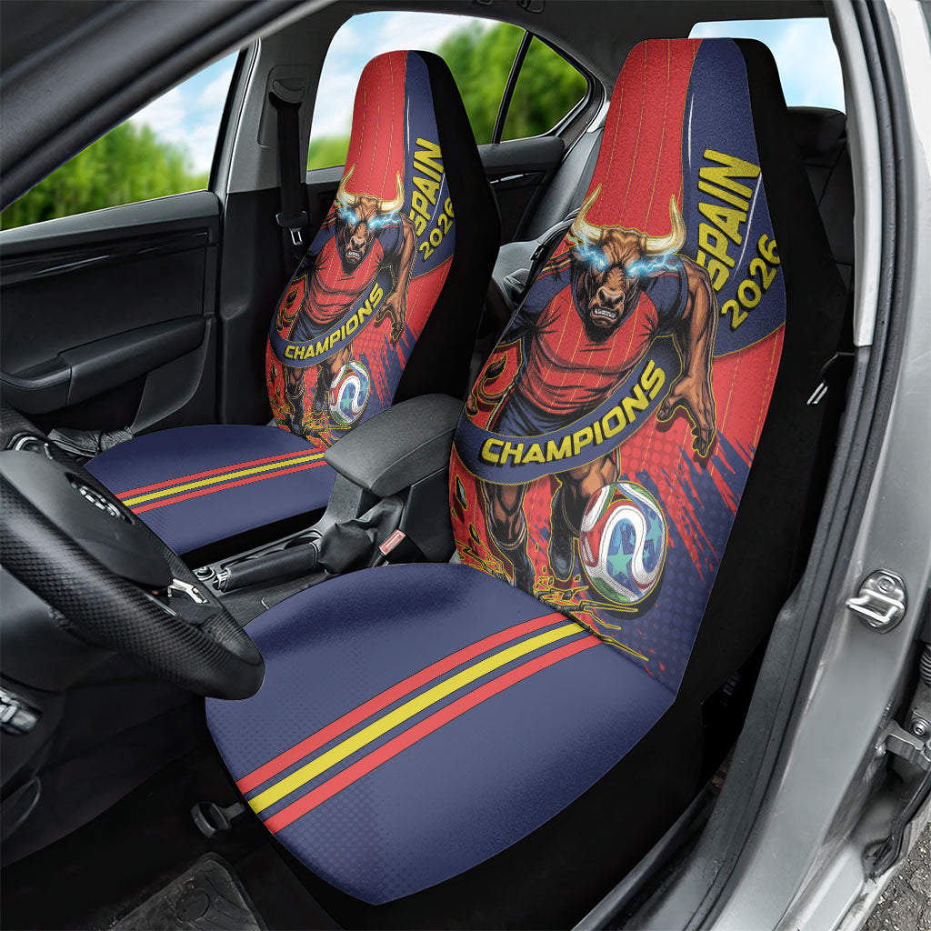 Spain Football 2026 Champions Car Seat Cover Bull Mascot Illustration In Spanish National Colors Comic Style