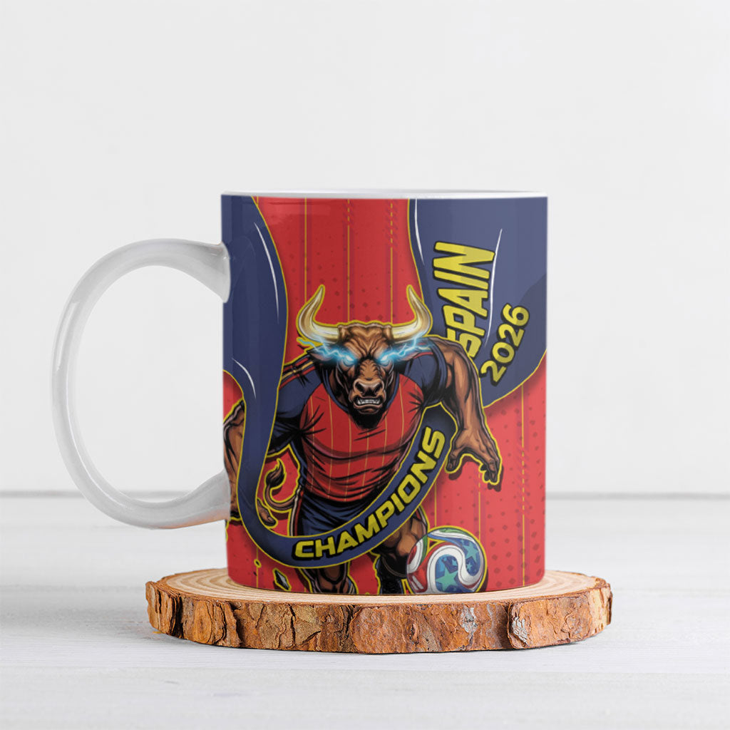 Spain Football 2026 Champions Ceramic Mug Bull Mascot Illustration In Spanish National Colors Comic Style