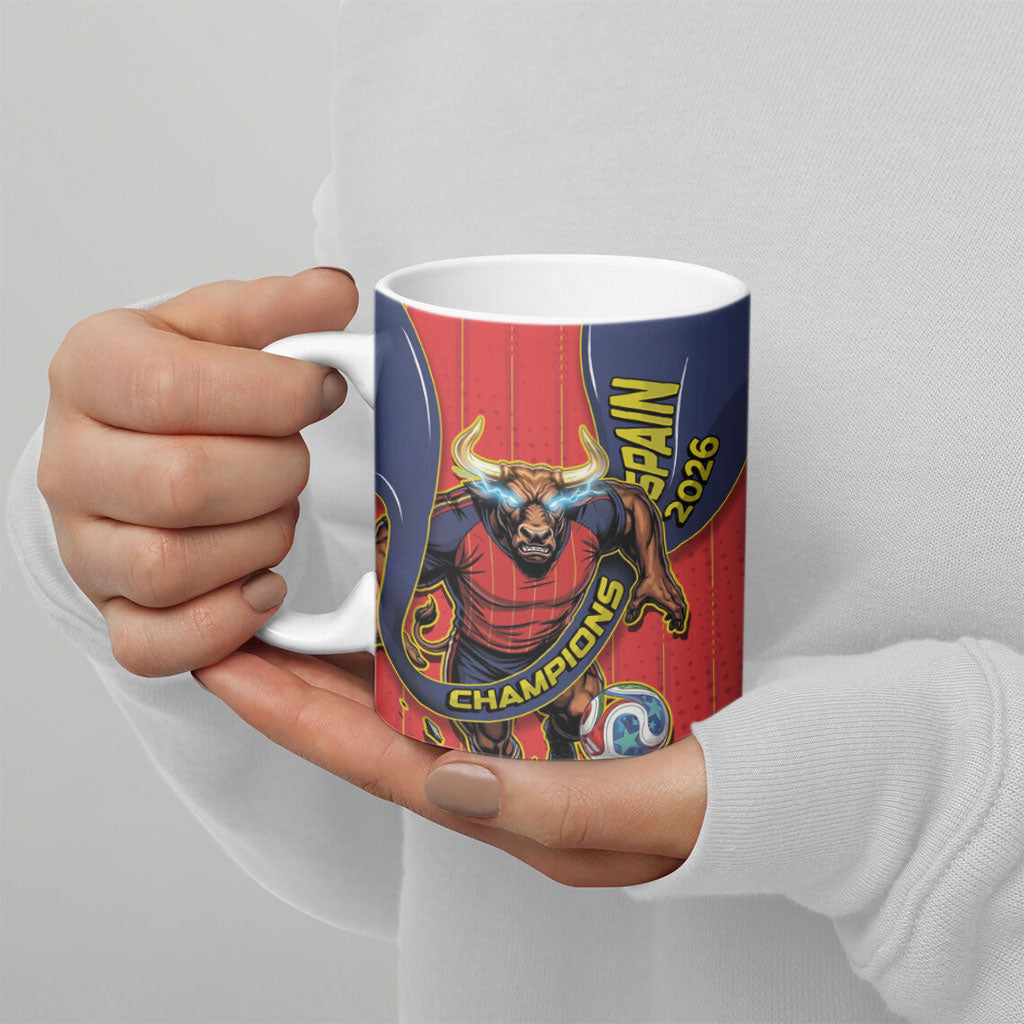 Spain Football 2026 Champions Ceramic Mug Bull Mascot Illustration In Spanish National Colors Comic Style