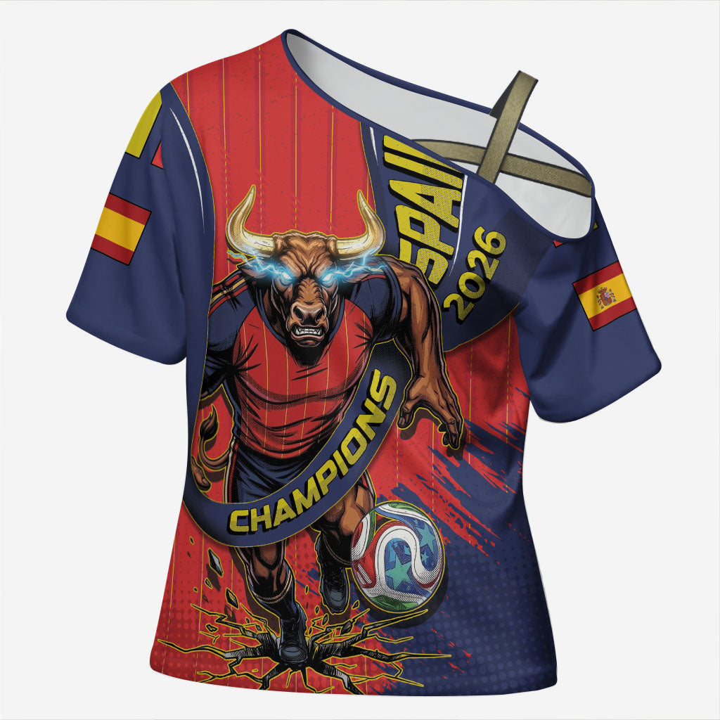 Spain Football 2026 Champions Cross Shoulder Shirt Bull Mascot Illustration In Spanish National Colors Comic Style