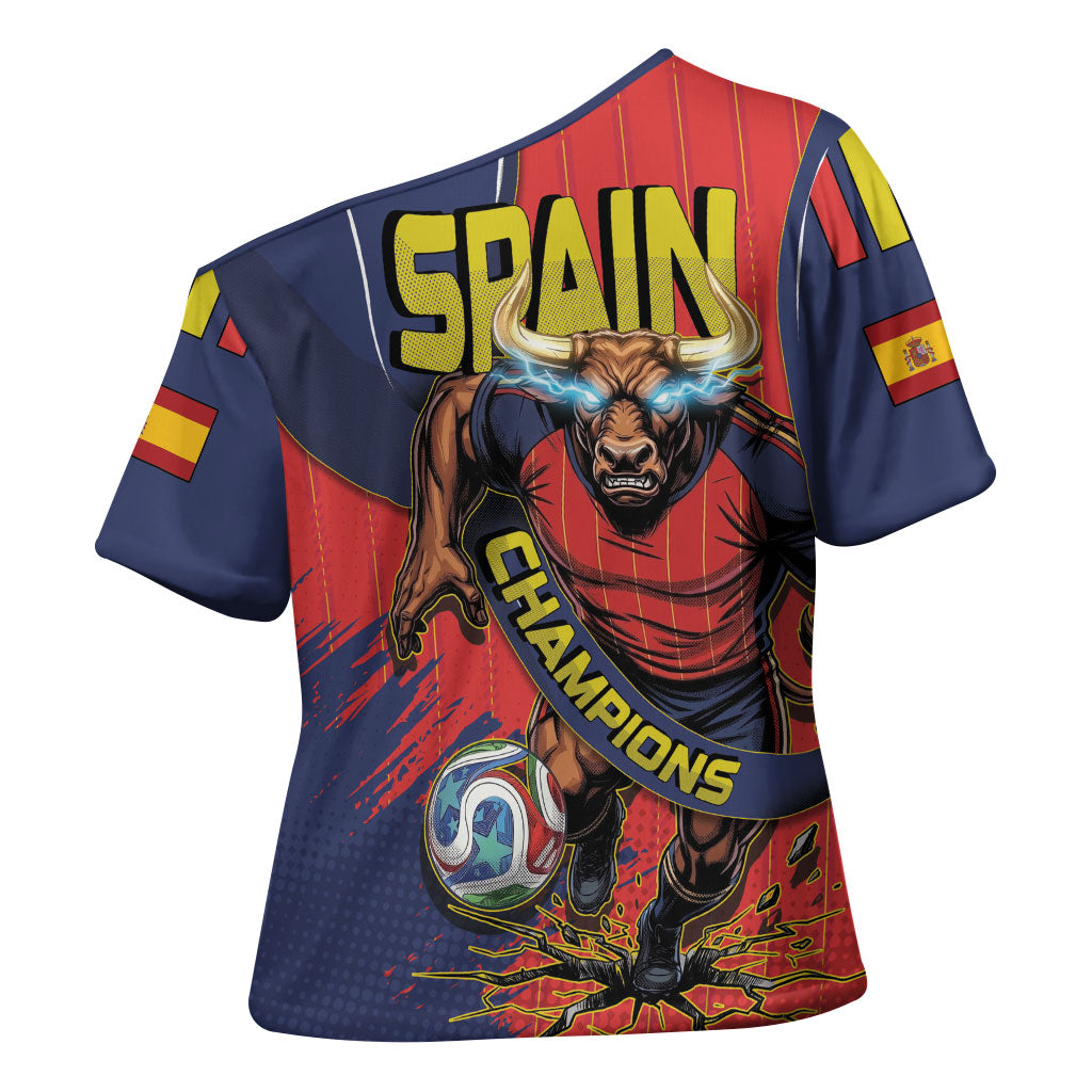 Spain Football 2026 Champions Cross Shoulder Shirt Bull Mascot Illustration In Spanish National Colors Comic Style