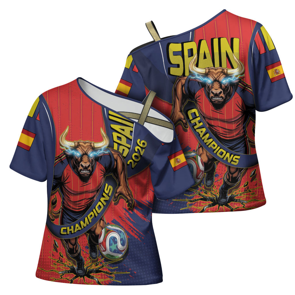 Spain Football 2026 Champions Cross Shoulder Shirt Bull Mascot Illustration In Spanish National Colors Comic Style
