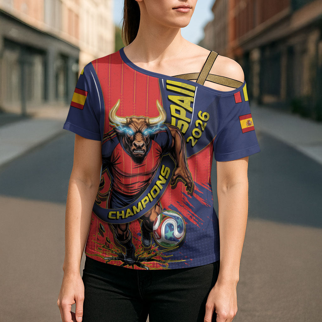 Spain Football 2026 Champions Cross Shoulder Shirt Bull Mascot Illustration In Spanish National Colors Comic Style