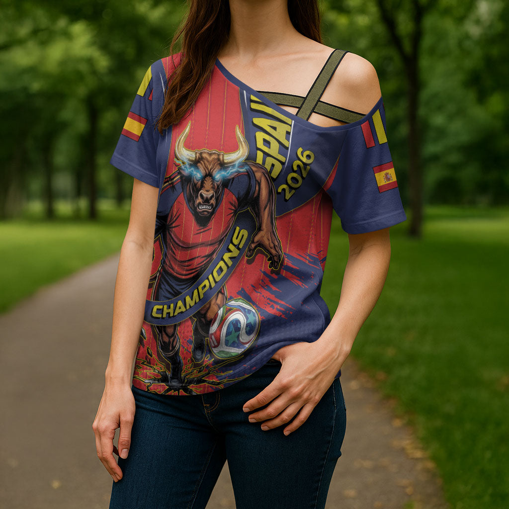 Spain Football 2026 Champions Cross Shoulder Shirt Bull Mascot Illustration In Spanish National Colors Comic Style