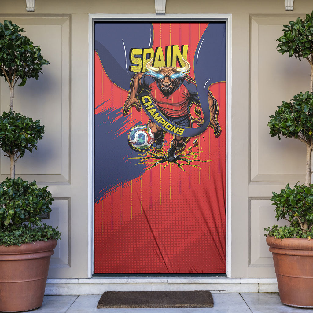 Spain Football 2026 Champions Door Cover Bull Mascot Illustration In Spanish National Colors Comic Style