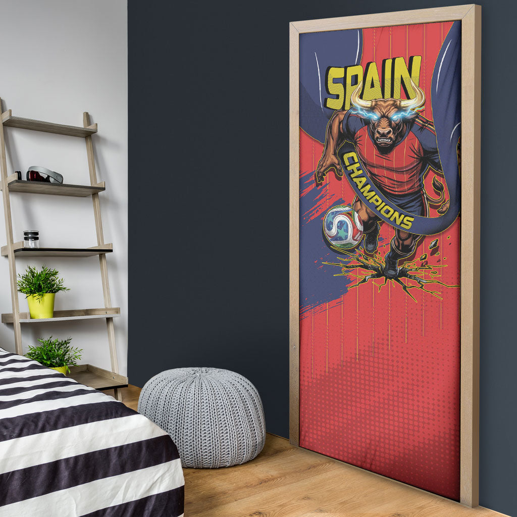 Spain Football 2026 Champions Door Cover Bull Mascot Illustration In Spanish National Colors Comic Style