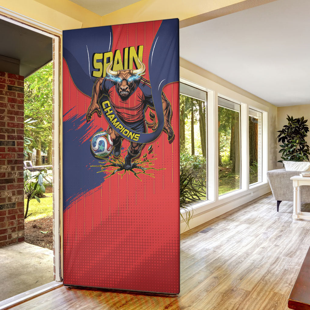 Spain Football 2026 Champions Door Cover Bull Mascot Illustration In Spanish National Colors Comic Style