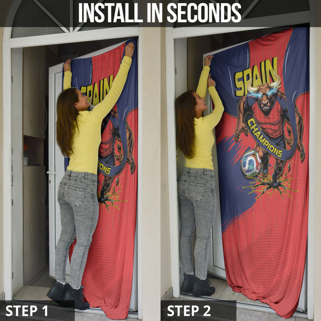 Spain Football 2026 Champions Door Cover Bull Mascot Illustration In Spanish National Colors Comic Style