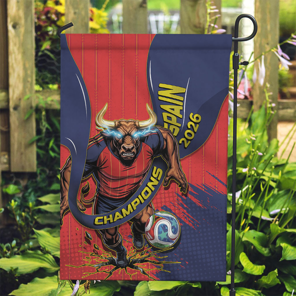 Spain Football 2026 Champions Garden Flag Bull Mascot Illustration In Spanish National Colors Comic Style