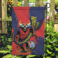 Spain Football 2026 Champions Garden Flag Bull Mascot Illustration In Spanish National Colors Comic Style
