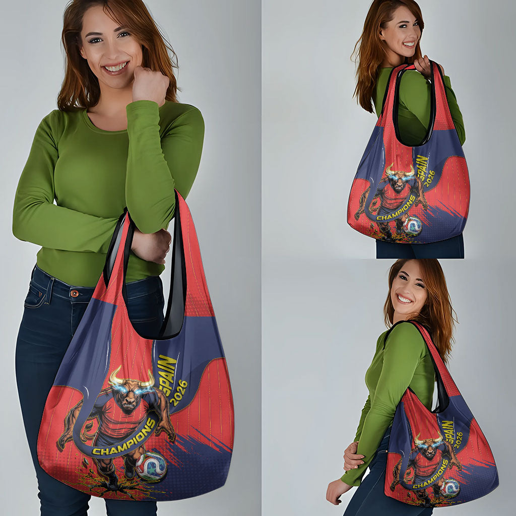 Spain Football 2026 Champions Grocery Bag Bull Mascot Illustration In Spanish National Colors Comic Style