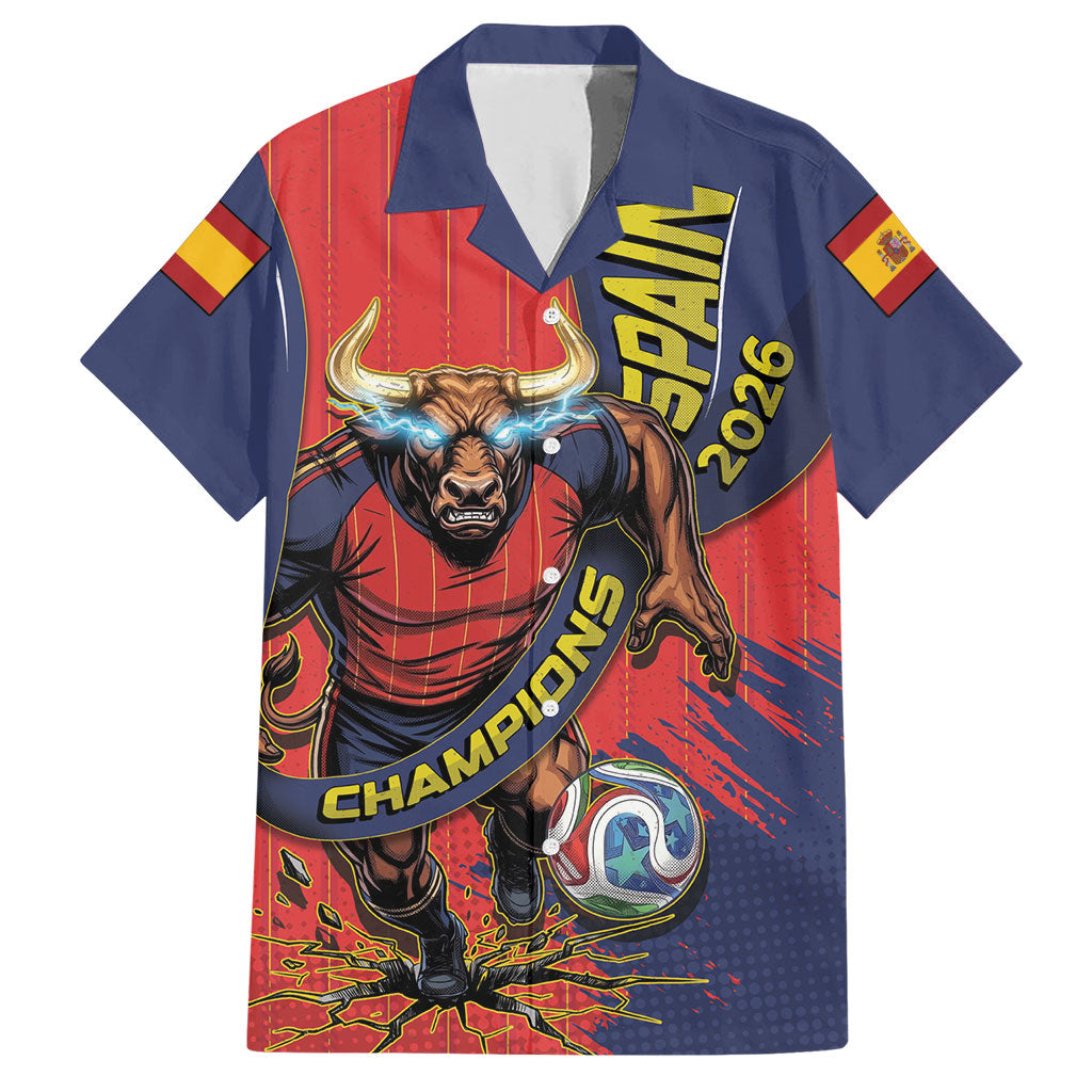 Spain Football 2026 Champions Hawaiian Shirt Bull Mascot Illustration In Spanish National Colors Comic Style