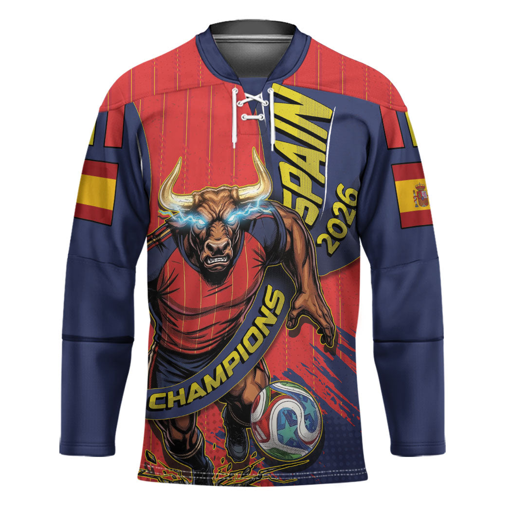Spain Football 2026 Champions Hockey Jersey Bull Mascot Illustration In Spanish National Colors Comic Style