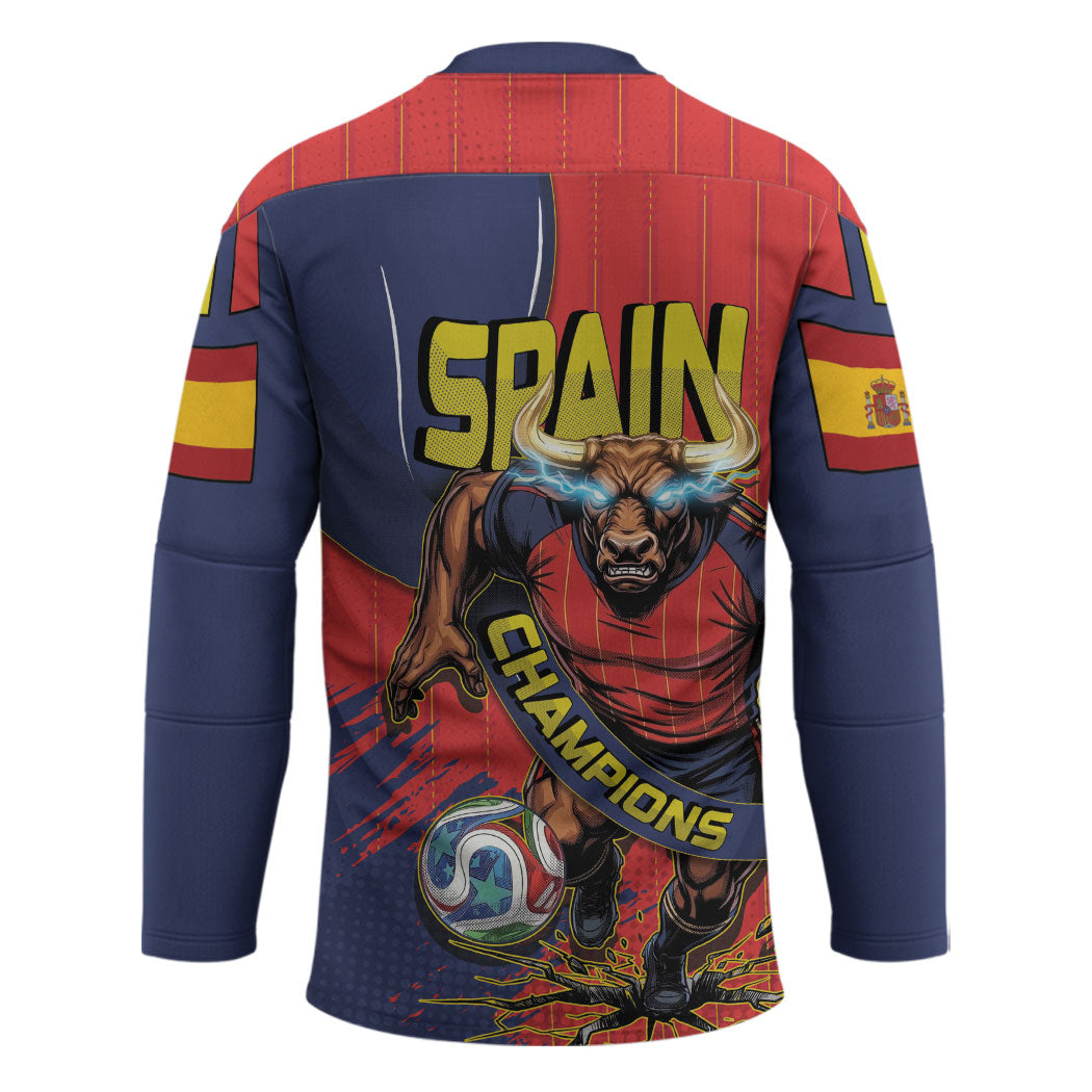 Spain Football 2026 Champions Hockey Jersey Bull Mascot Illustration In Spanish National Colors Comic Style