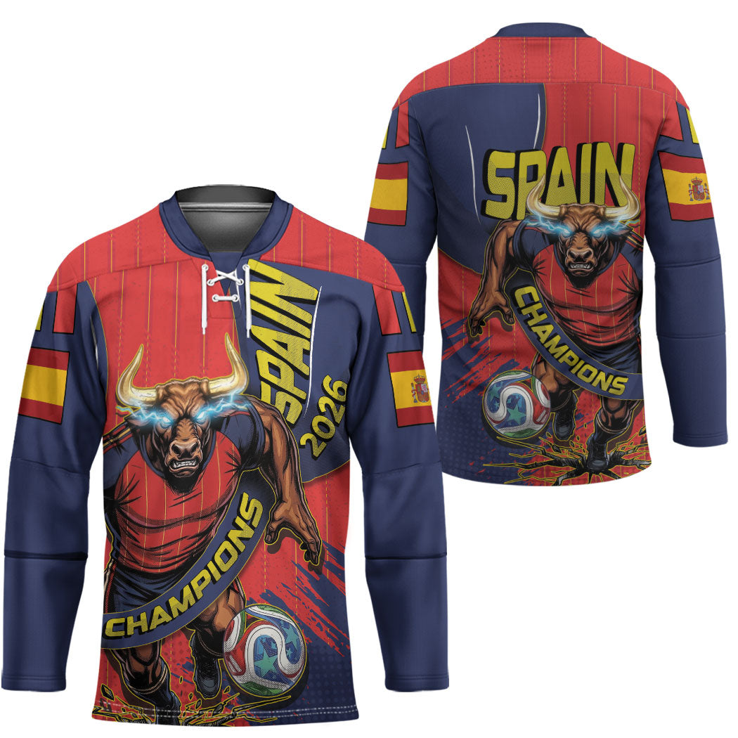 Spain Football 2026 Champions Hockey Jersey Bull Mascot Illustration In Spanish National Colors Comic Style
