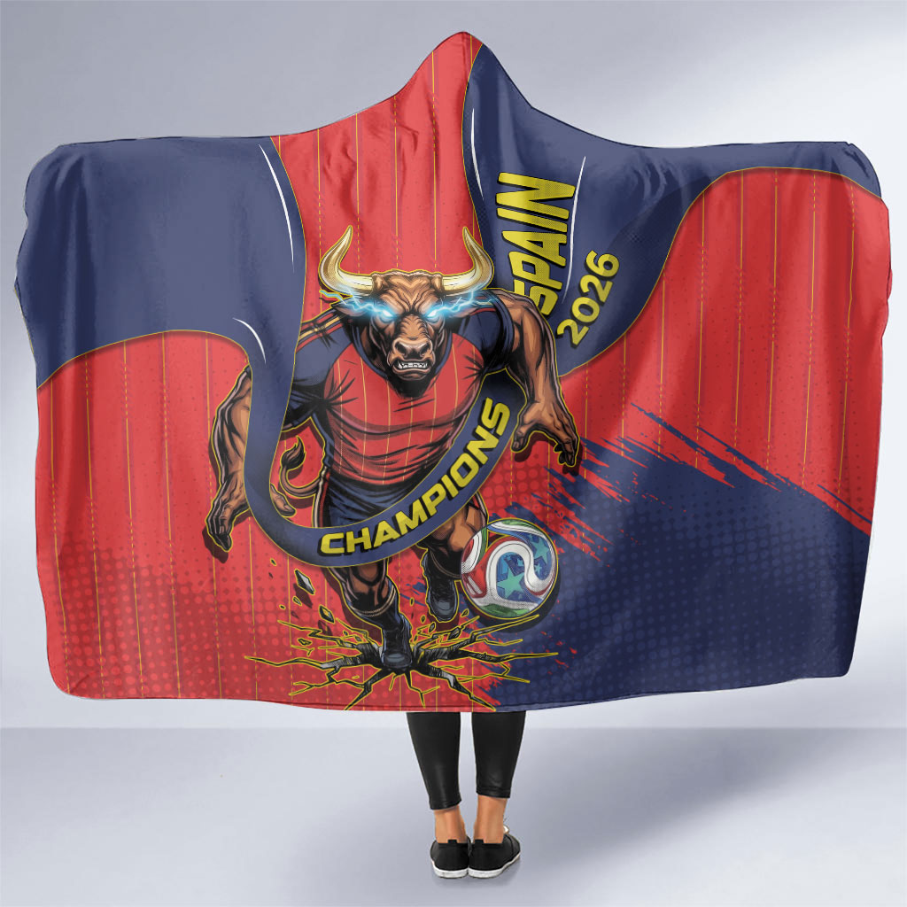 Spain Football 2026 Champions Hooded Blanket Bull Mascot Illustration In Spanish National Colors Comic Style