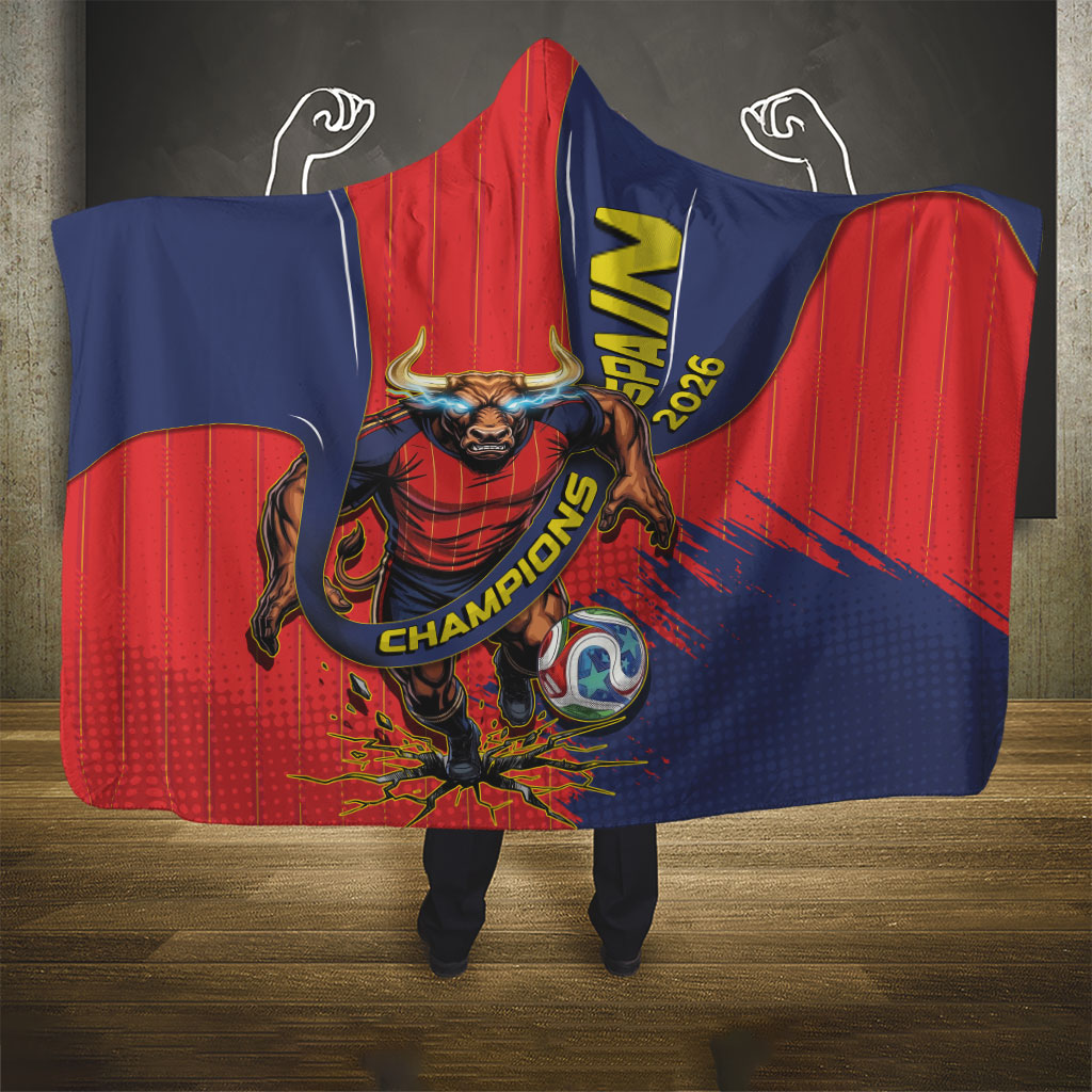 Spain Football 2026 Champions Hooded Blanket Bull Mascot Illustration In Spanish National Colors Comic Style