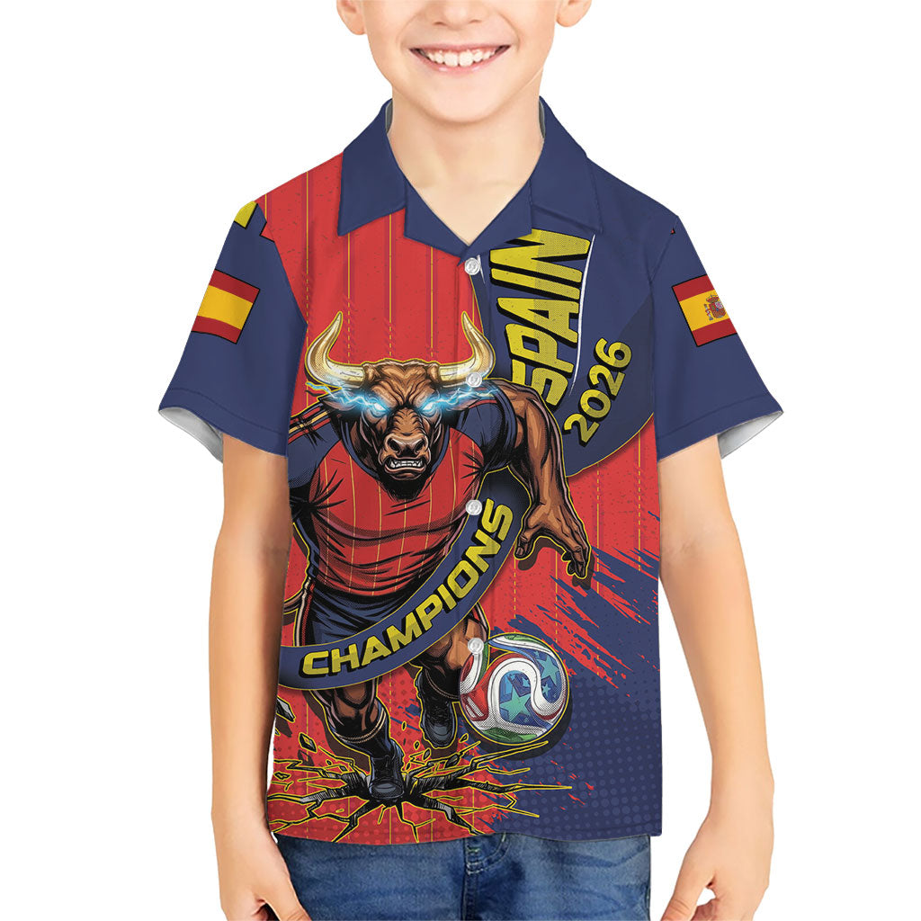 Spain Football 2026 Champions Kid Hawaiian Shirt Bull Mascot Illustration In Spanish National Colors Comic Style