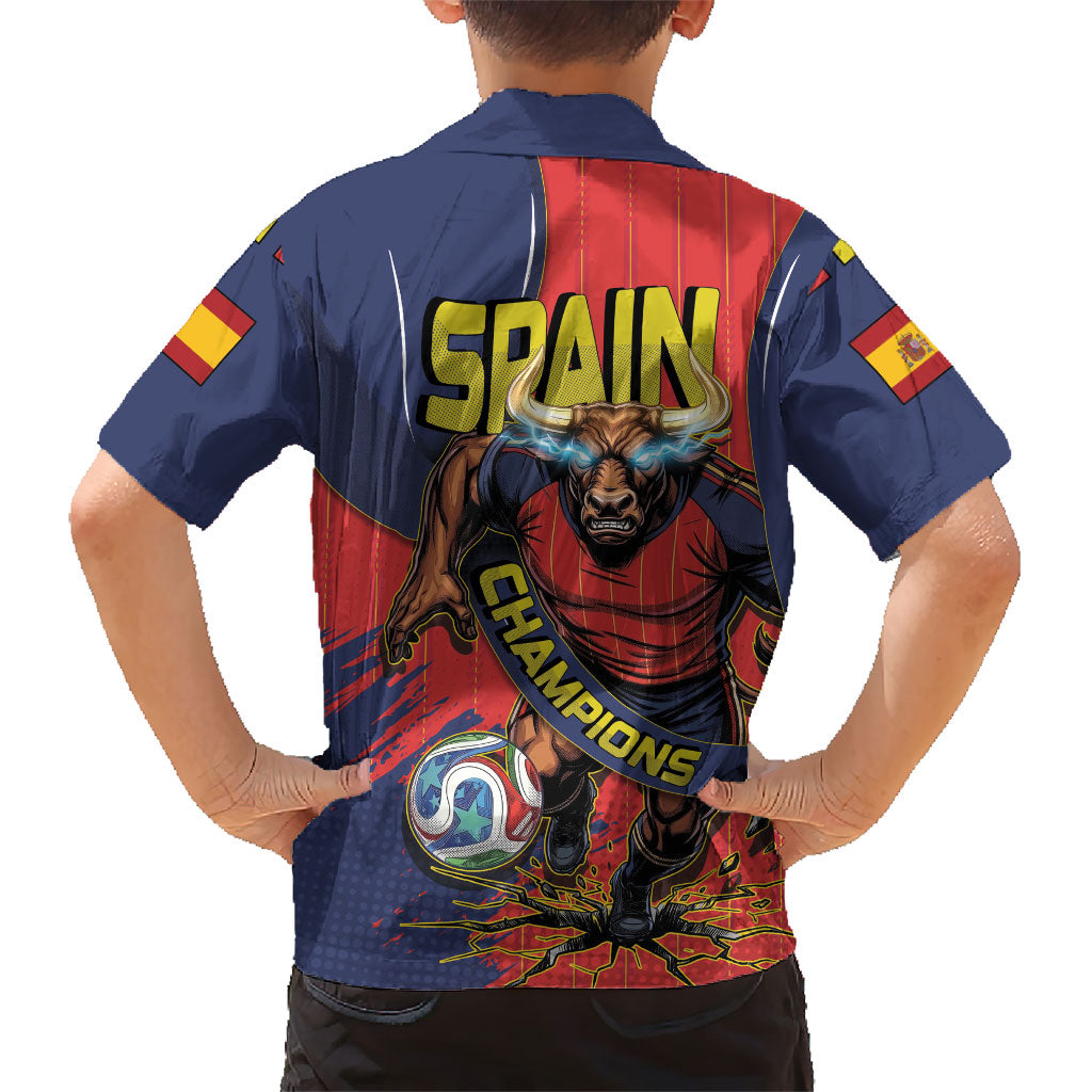 Spain Football 2026 Champions Kid Hawaiian Shirt Bull Mascot Illustration In Spanish National Colors Comic Style