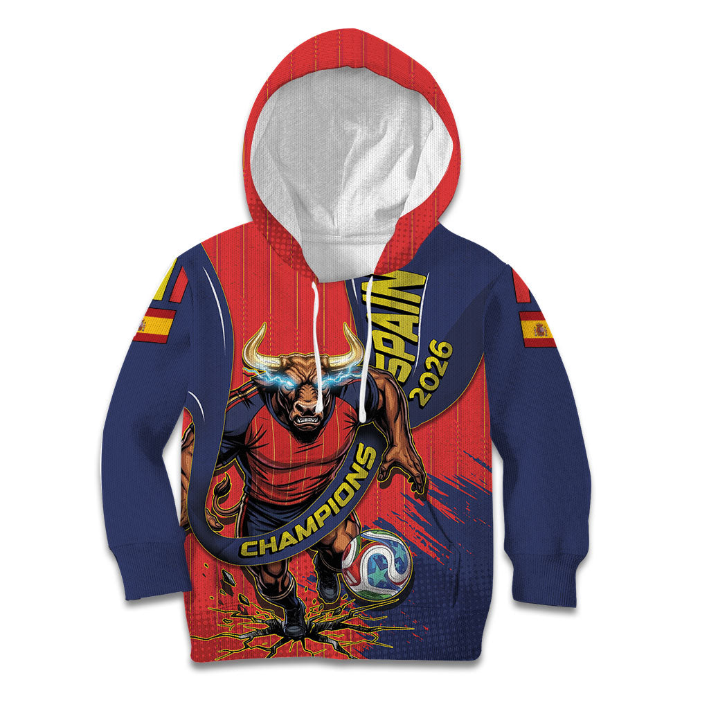Spain Football 2026 Champions Kid Hoodie Bull Mascot Illustration In Spanish National Colors Comic Style