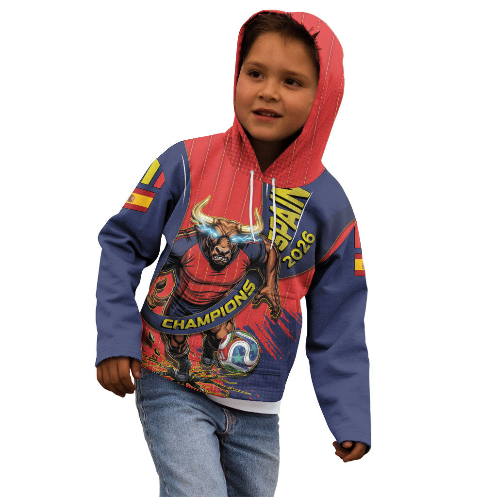 Spain Football 2026 Champions Kid Hoodie Bull Mascot Illustration In Spanish National Colors Comic Style