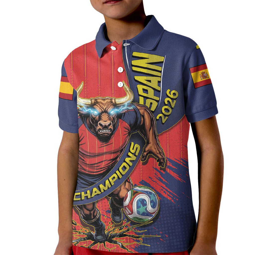 Spain Football 2026 Champions Kid Polo Shirt Bull Mascot Illustration In Spanish National Colors Comic Style