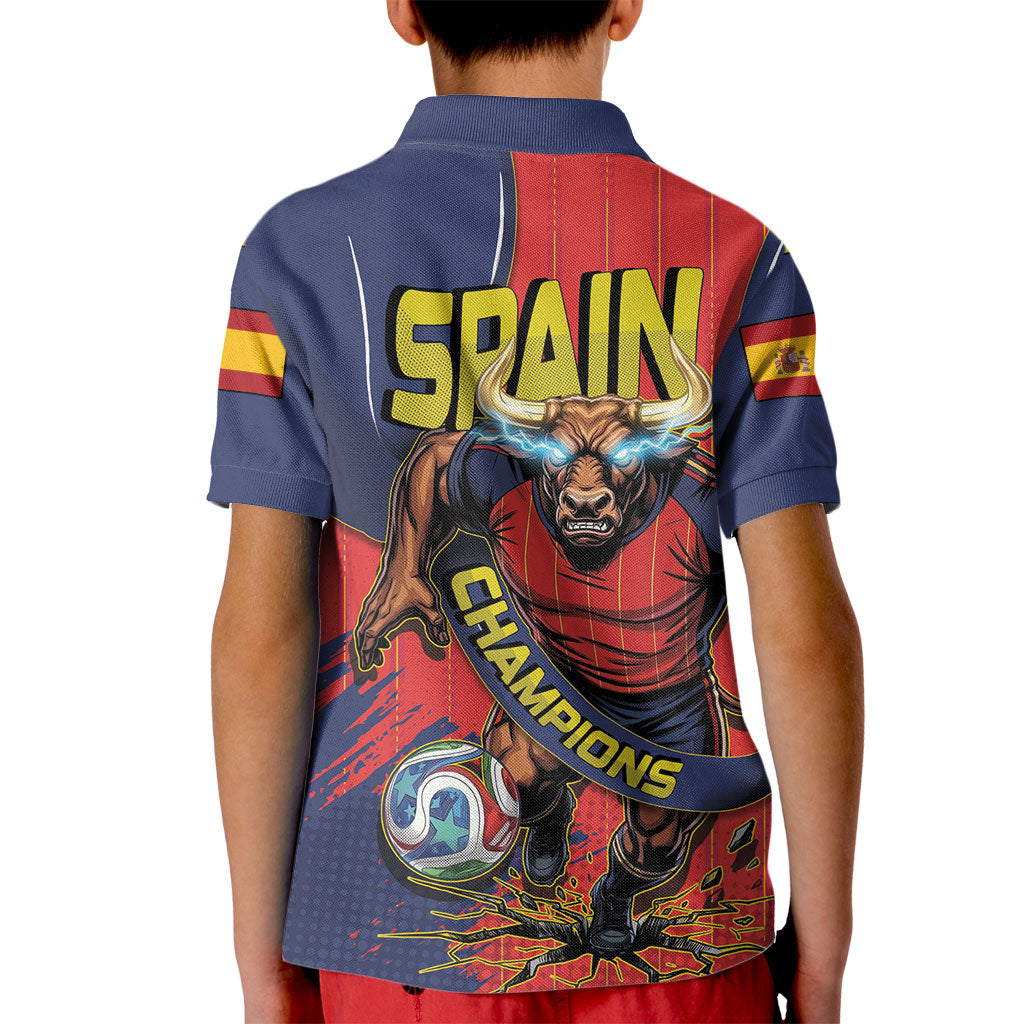 Spain Football 2026 Champions Kid Polo Shirt Bull Mascot Illustration In Spanish National Colors Comic Style
