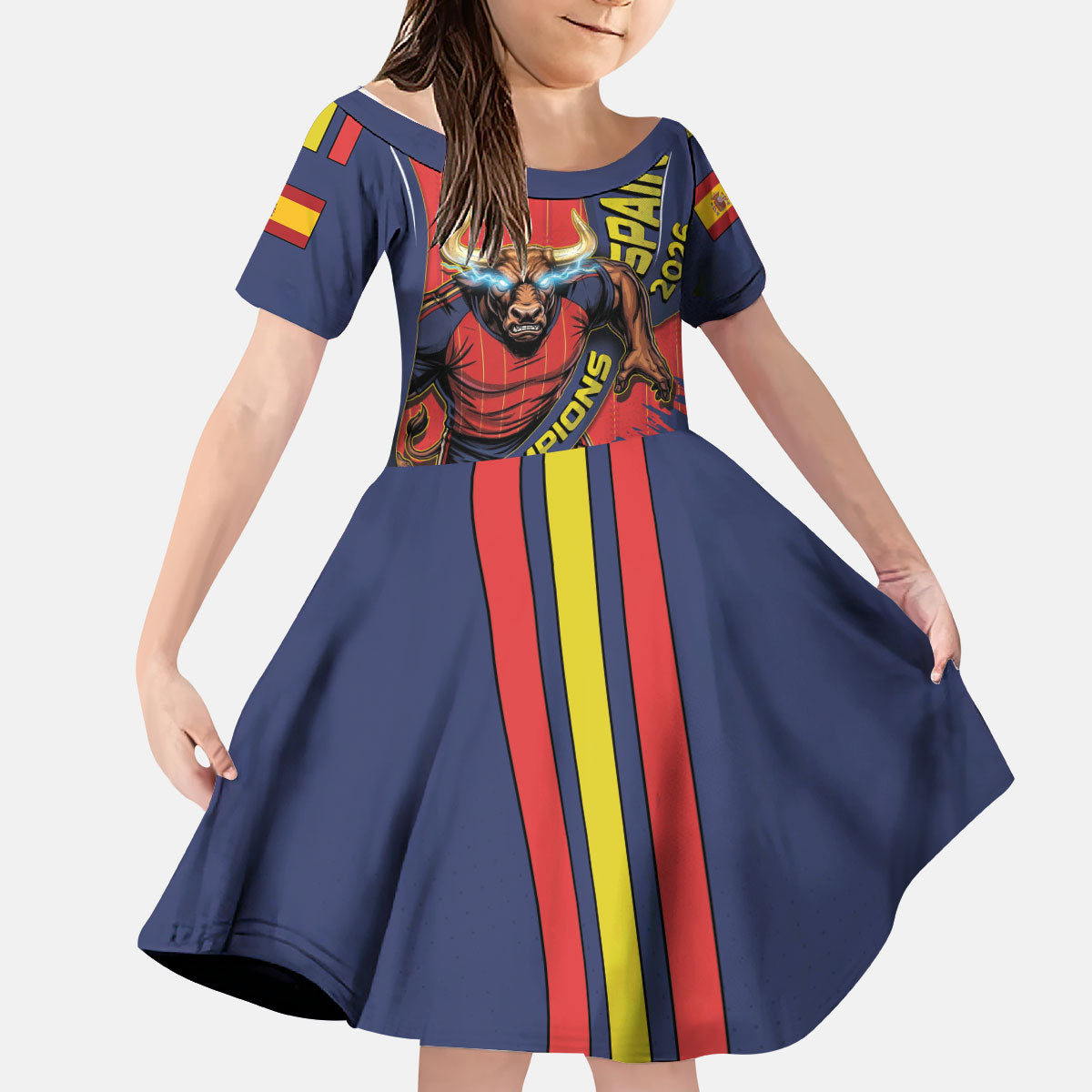 Spain Football 2026 Champions Kid Short Sleeve Dress Bull Mascot Illustration In Spanish National Colors Comic Style