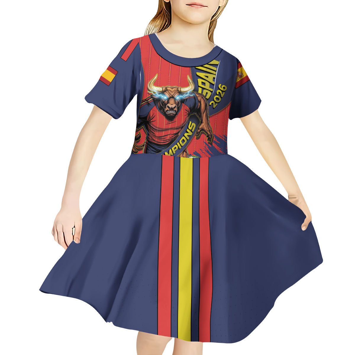 Spain Football 2026 Champions Kid Short Sleeve Dress Bull Mascot Illustration In Spanish National Colors Comic Style